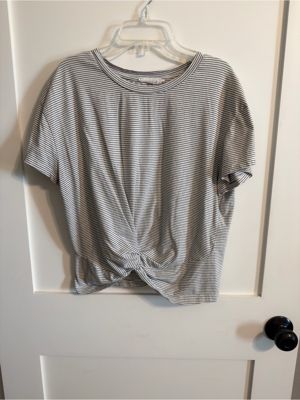 Lush Black and White Striped Twist-Front Short Sleeve Tee